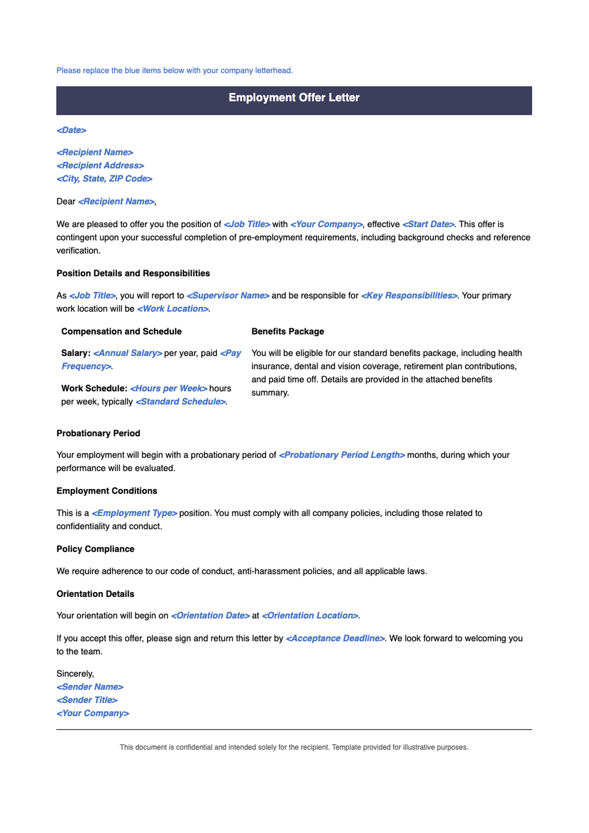 Customizable job offer letter template with placeholder fields and probationary terms_variant_3